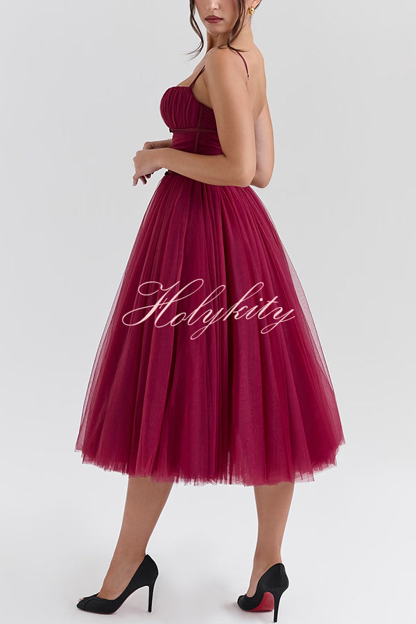 Royal Treatment Tulle Bows Detail Ruched Slip Midi Dress