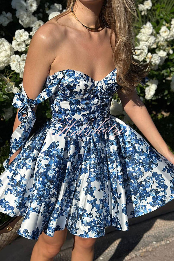 Garden of Eden Floral Print Bow Straps Princess Flared Mini Dress