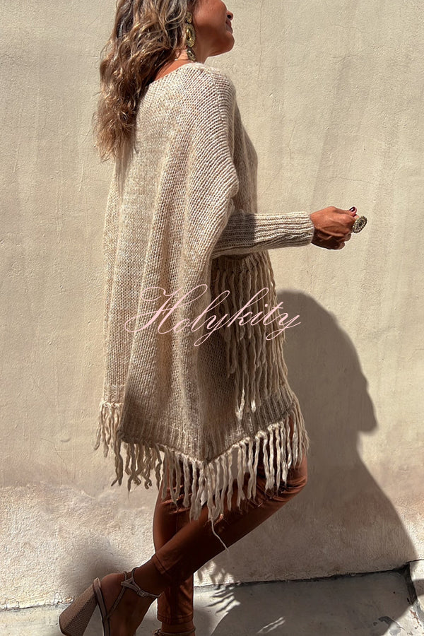 Coming with You Knit Tassel Trim Pocketed Loose Sweater