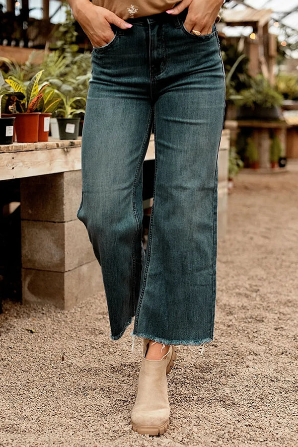 Stylish Raw-edge Mid-rise Pocket Stretch Straight-leg Jeans