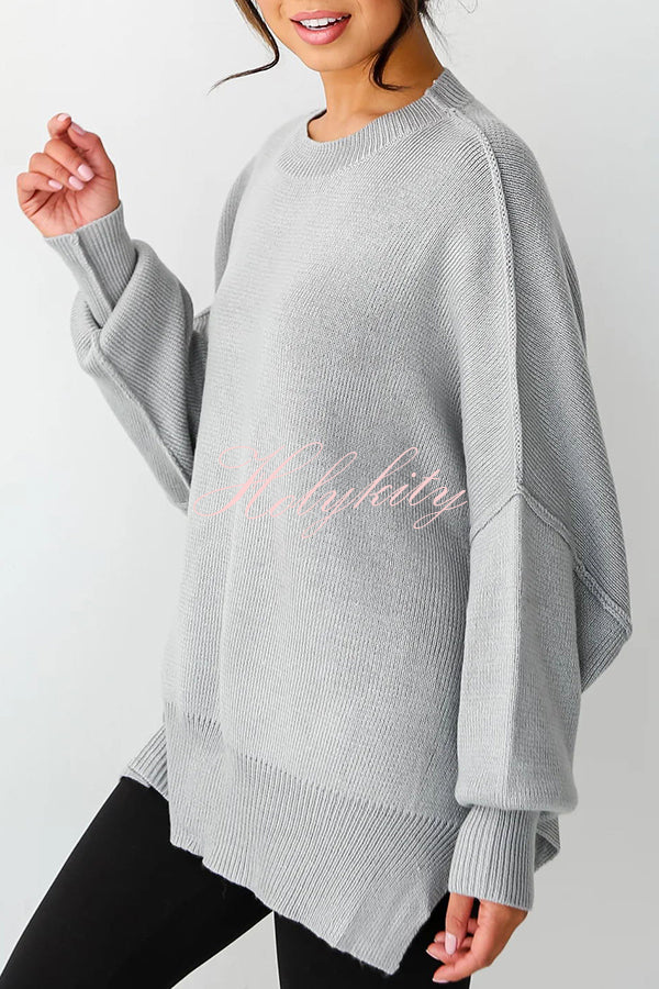 Distressed Knit Side Slit Long Sleeve Pullover Sweater