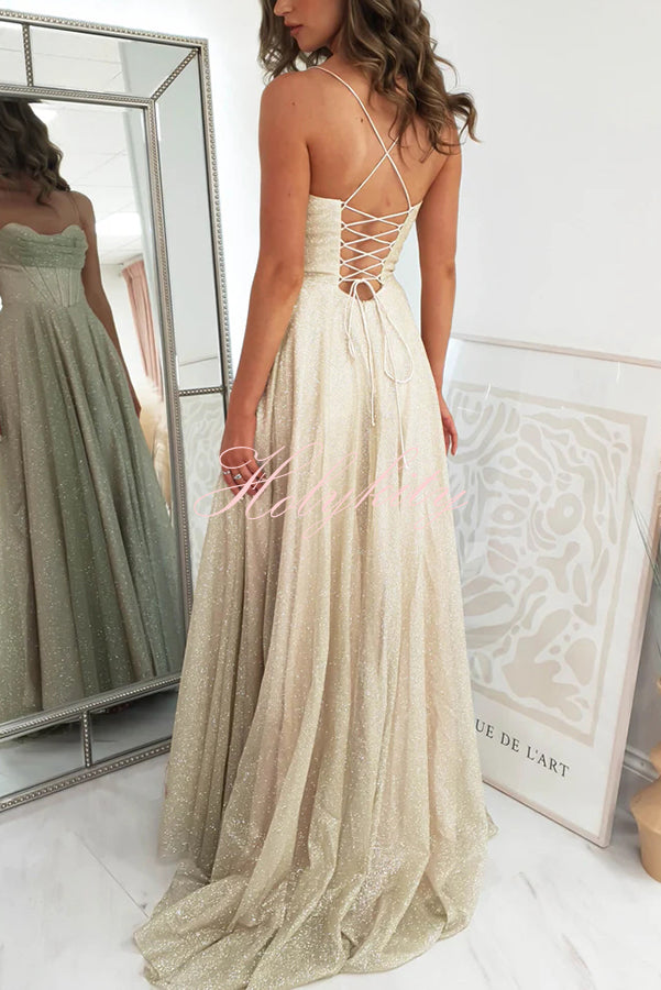 Cinderella Glitter Tulle Fabric Cowl Neck Back Lace-up Pocketed Slit Maxi Dress