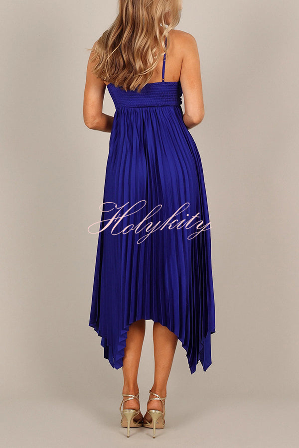 Solid Color Sexy Suspender Pleated Irregular Midi Dress