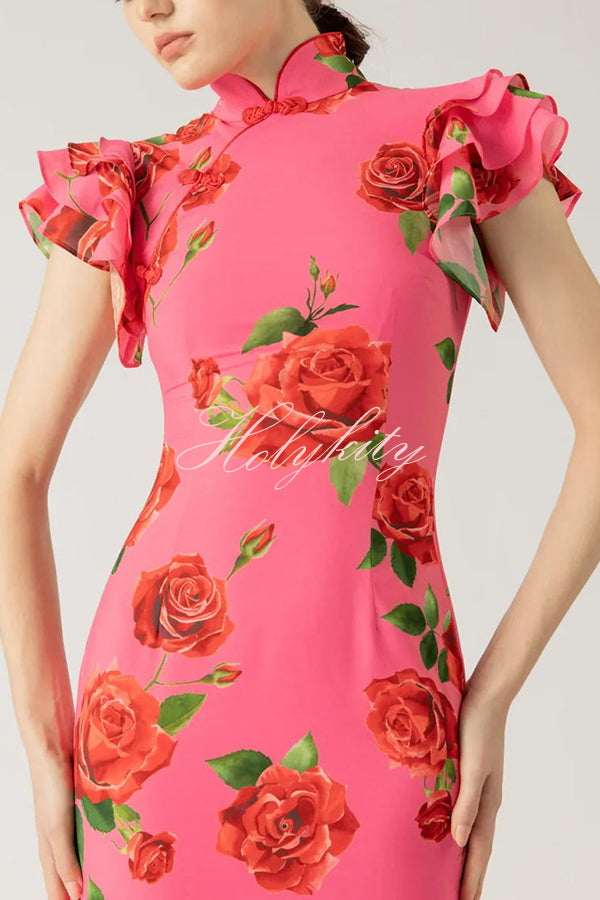 Cheongsam Style Rose Floral Print Tiered Flare Sleeve Stretch Maxi Dress