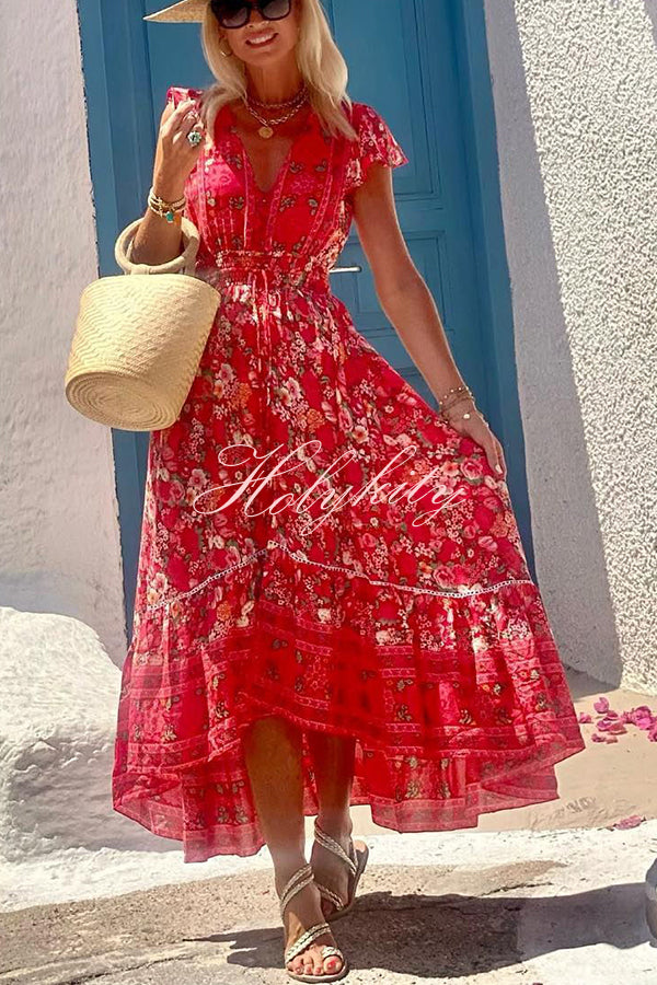 Summer in Greece Boho Print Ruffle Sleeve Elastic Waist High-low Midi Dress