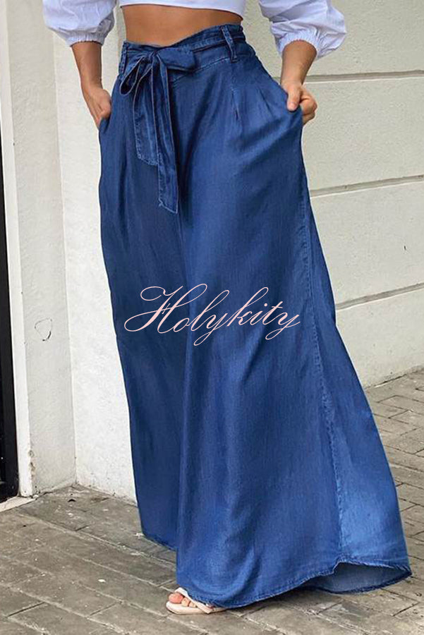 Tie Waist Pleated Side Pocket Wide Leg Jeans