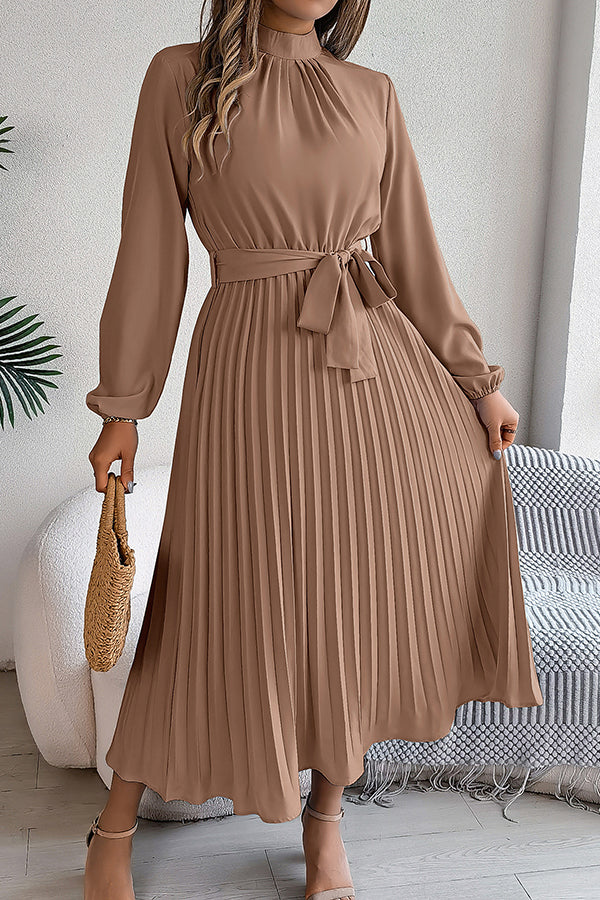 Elegant Stand-collar Long-sleeve Waisted Tie-up Pleated Midi Dress