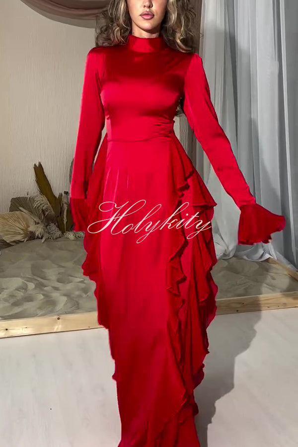 Cline Solid Color High Neck Long Sleeve Elegant Ruffles Maxi Dress