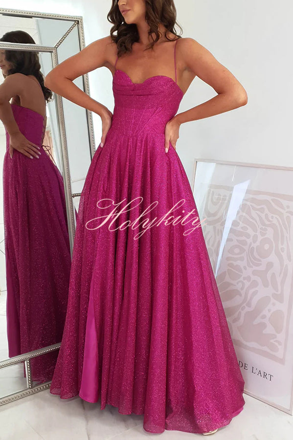 Cinderella Glitter Tulle Fabric Cowl Neck Back Lace-up Pocketed Slit Maxi Dress