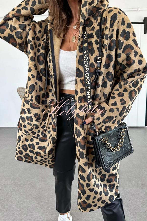 Fall Dreaming Animal Print Zipper Pocket Loose Hooded Midi Coat