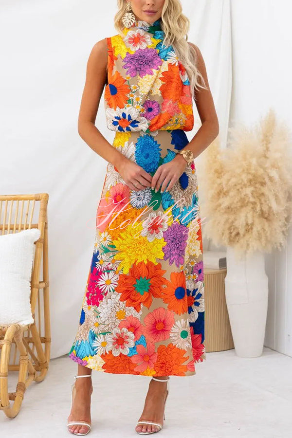 Land of Beauty Floral Print Halter Neck Elastic Waist Party Maxi Dress