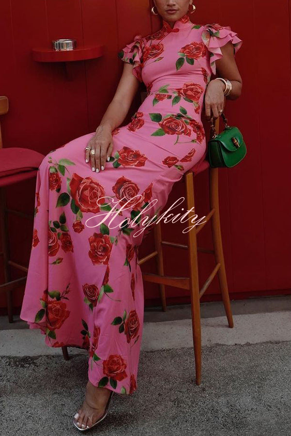 Cheongsam Style Rose Floral Print Tiered Flare Sleeve Stretch Maxi Dress