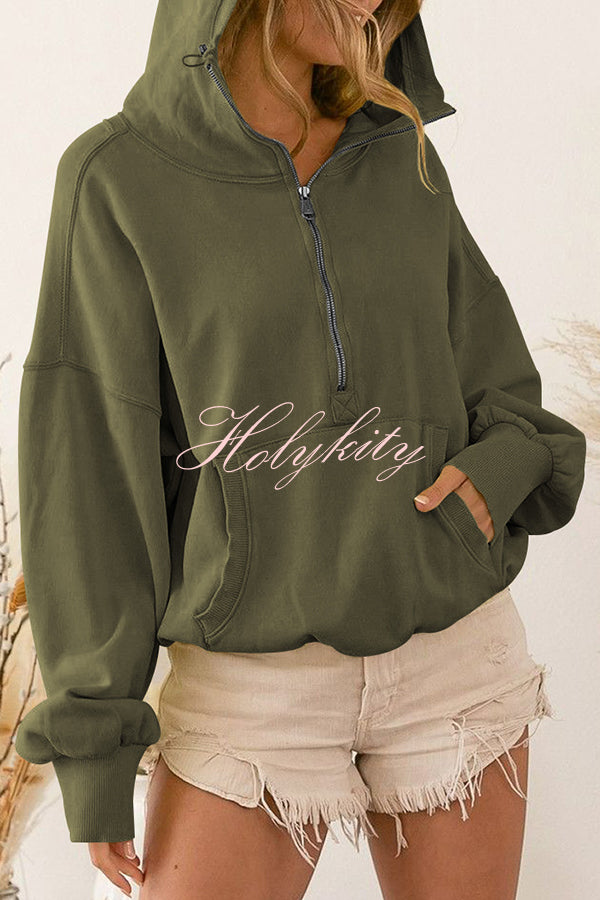 Front Pocket Zip Drawstring Long Sleeve Hoodie