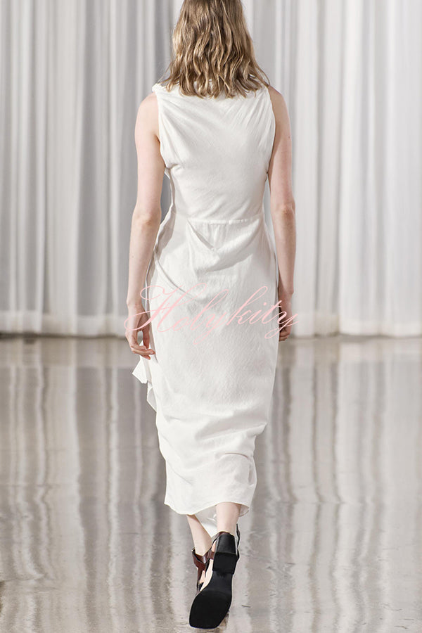 Sculptural Effect Linen Blend Twisted Shoulder Strap Drape Maxi Dress