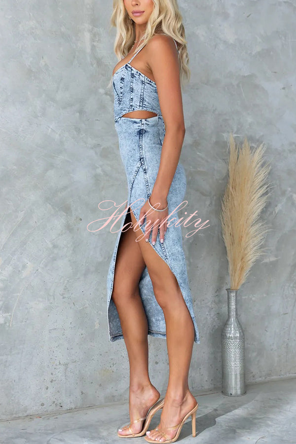 Felicia Washed Denim Princess Seams Cutout Waist Back Zipper Stretch Midi Dress