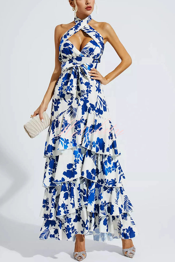 Gorgeous Styling Botanical Print Halter Neck Open Back Tiered Hem Maxi Dress