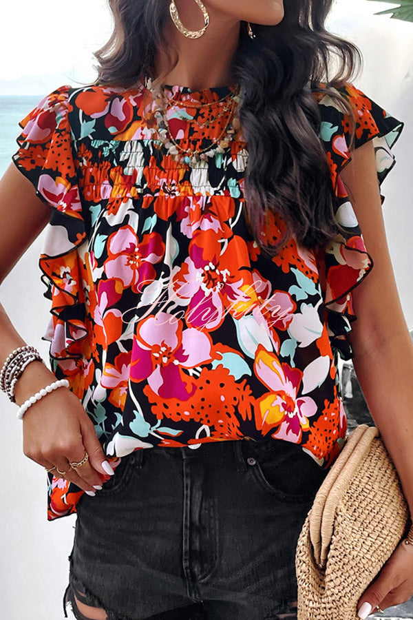 Floral Print Pleated Crew Neck Pullover Top