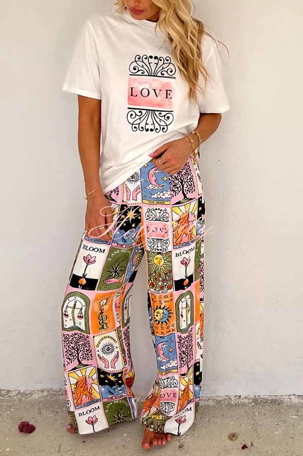 Whimsical Tarot Inspired Print Dolman Sleeve Flowy Shirt and Elastic Waist Wide Leg Pants Set