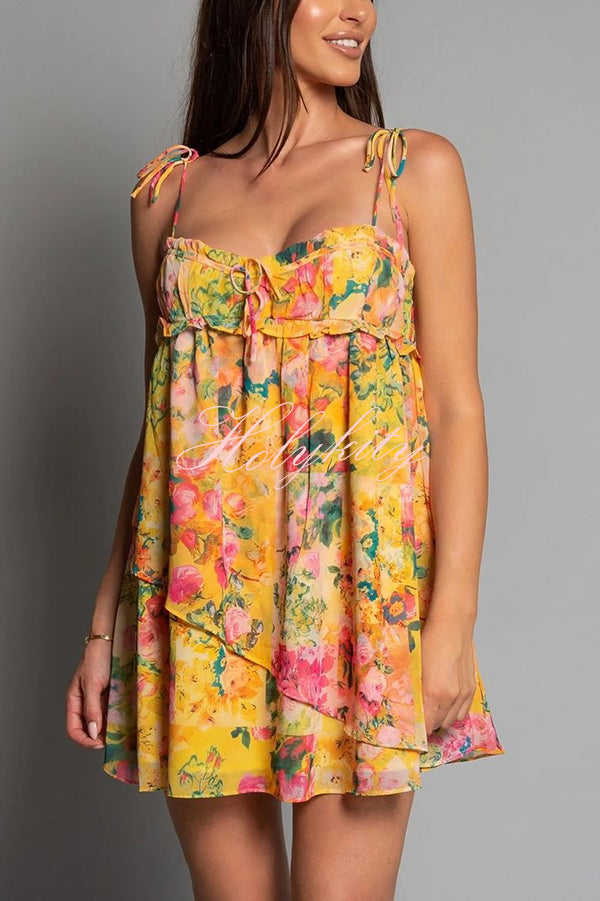Floral Print Sling Lace Up Ruffled Mini Dress