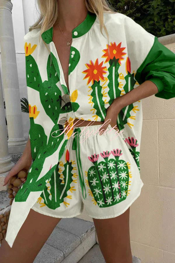 Beautiful Contrasting Cactus Print Button Pocket Lace Up Shorts Set