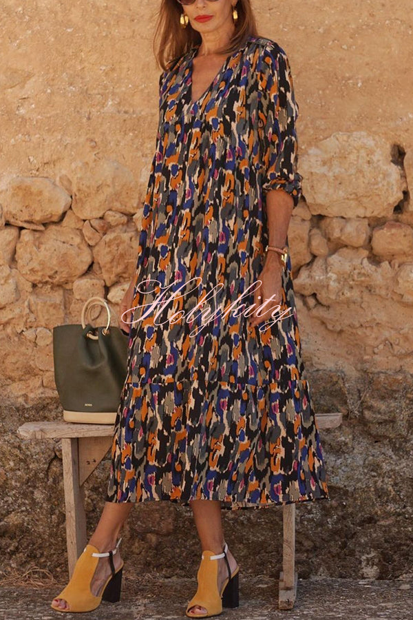 Multicolor Color Block Print V-neck Loose Resort Midi Dress