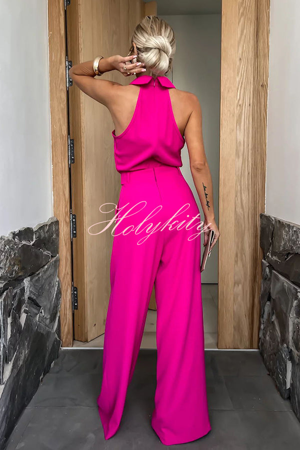 Fashionable Unique Look Halter Shirt Collar Pocketed Wide Leg Jumpsuit