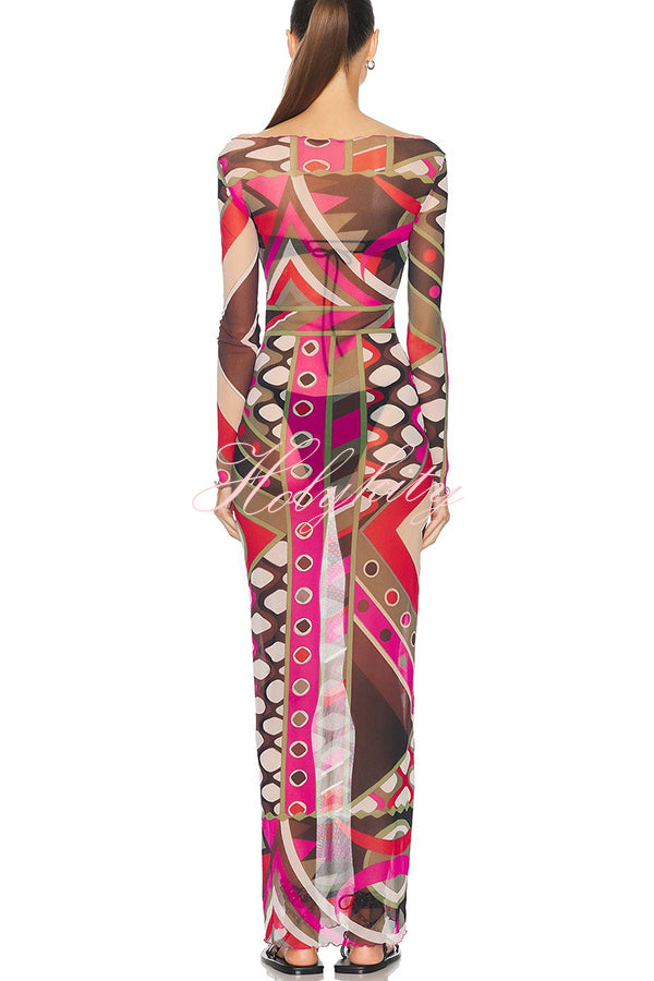 Gypsy Girl Mesh Unique Print Wide Neck Long Sleeve Stretch Maxi Dress