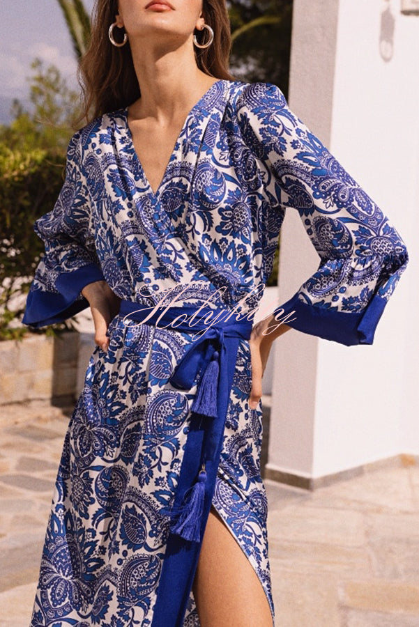 Greek Island Satin Unique Floral Print Tassel Belted Wrap Maxi Dress