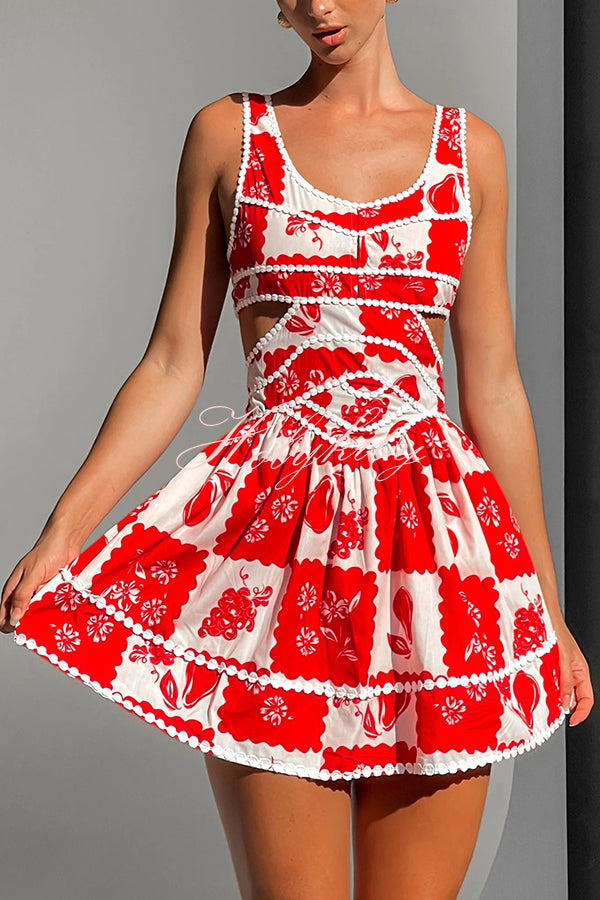 Holiday Colors Ric Rac Trims Unique Print Cutout Round Neck Mini Dress