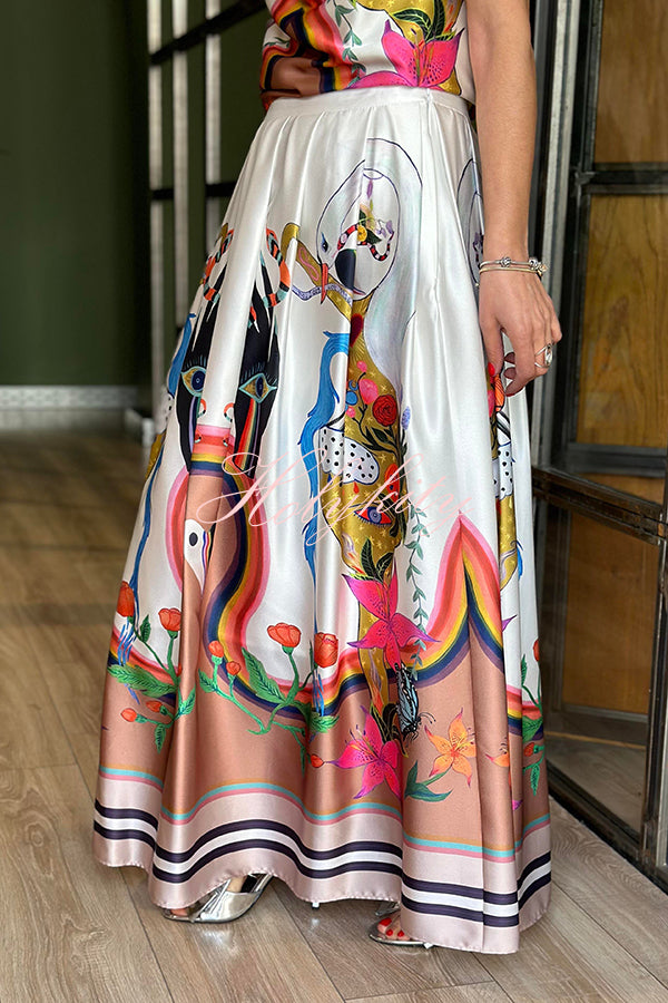 Evangeline Satin Unique Print Back Tie-up Pocket Halter Maxi Dress