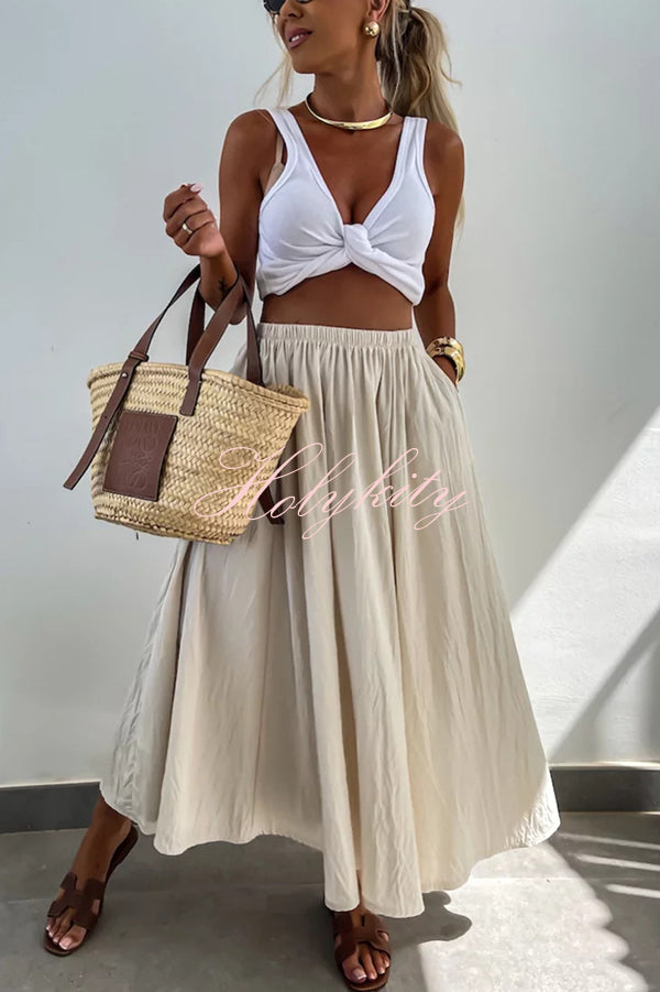 Houston Linen Blend Elastic Waist Pocket Large Hem Casual Long Skirt