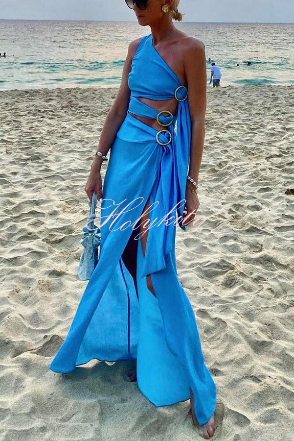 As Beautiful As The Sky Side Waist Ring Hollow Design Slit Vacation Maxi Dress