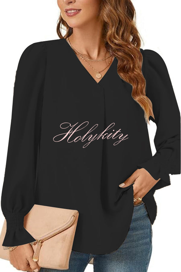 Solid Color V-neck Elastic Cuffs Long-sleeved Loose Top