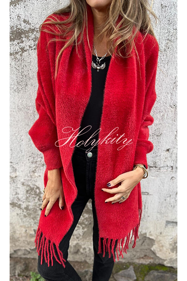 Warm Corner Knit Plush Tassel Trim Relaxed Shawl Cardigan