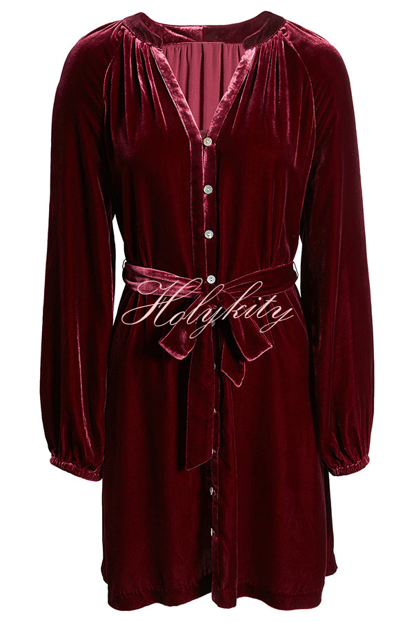 Solid Color Velvet Long-sleeved V-neck Lace-up Mini Dress