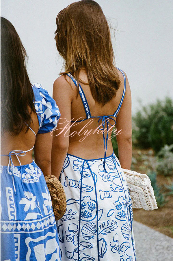 Love The Coastline Linen Blend Unique Print Cutout Tie-up Backless Maxi Dress