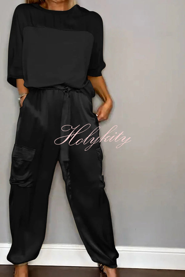 Calissa Smooth Satin Half-sleeved Top and Elastic Waist Pocket Pants Set