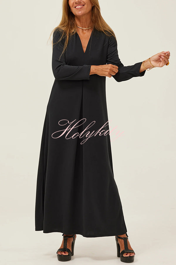 Solid Color V-neck Casual Slit Maxi Dress