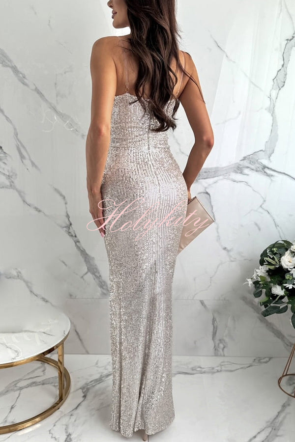 Look At The Bright Sequin V-neck Strap Slit Stretch Maxi Dress