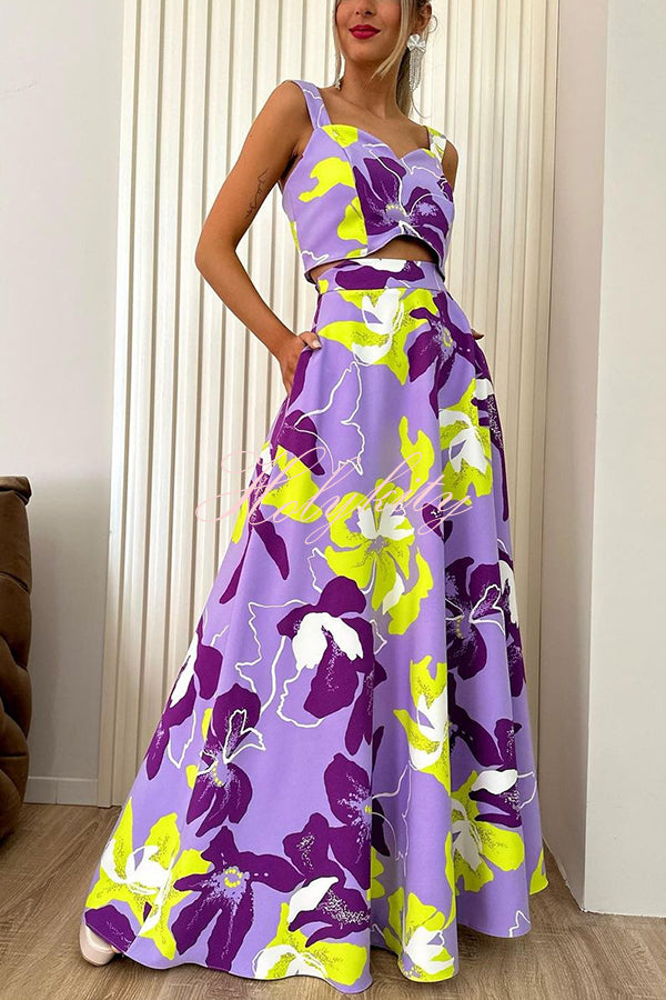 Stylish Floral Print Sling Top and Large Hem Pockets Maxi Skirt Set