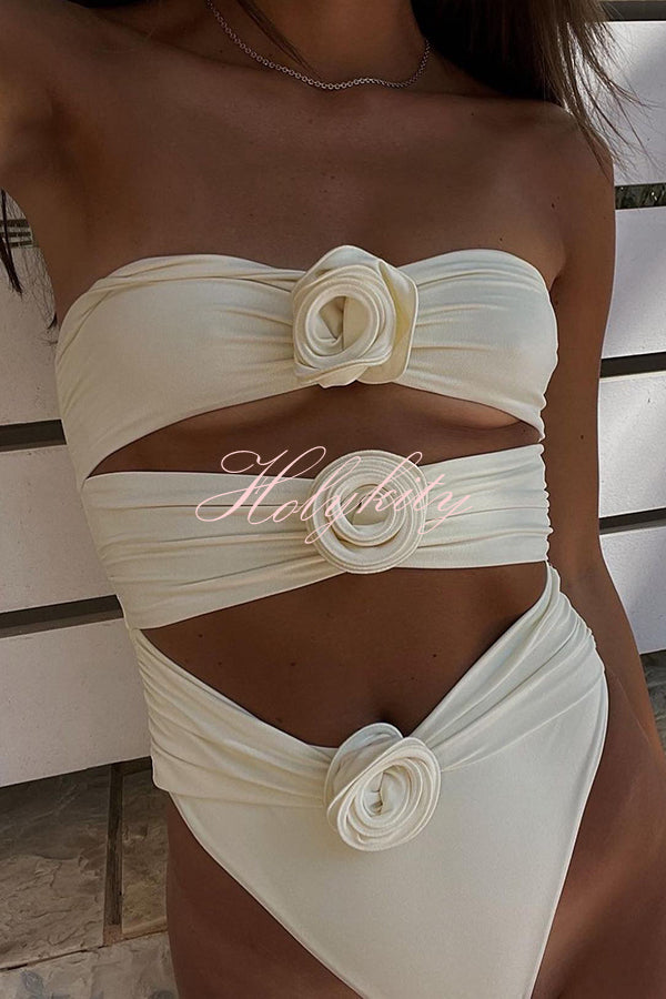 Three Dimensional Flower Bandeau One Piece Swimsuit