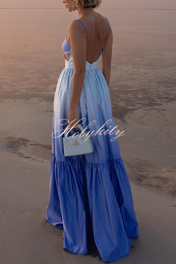 Ocean Breeze Gradient Color Print Cutout Waist Tiered Maxi Dress