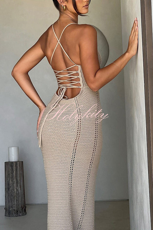 Warm Weather Favorite Knit Crochet Hollow Out Back Lace-up Stretch Maxi Dress