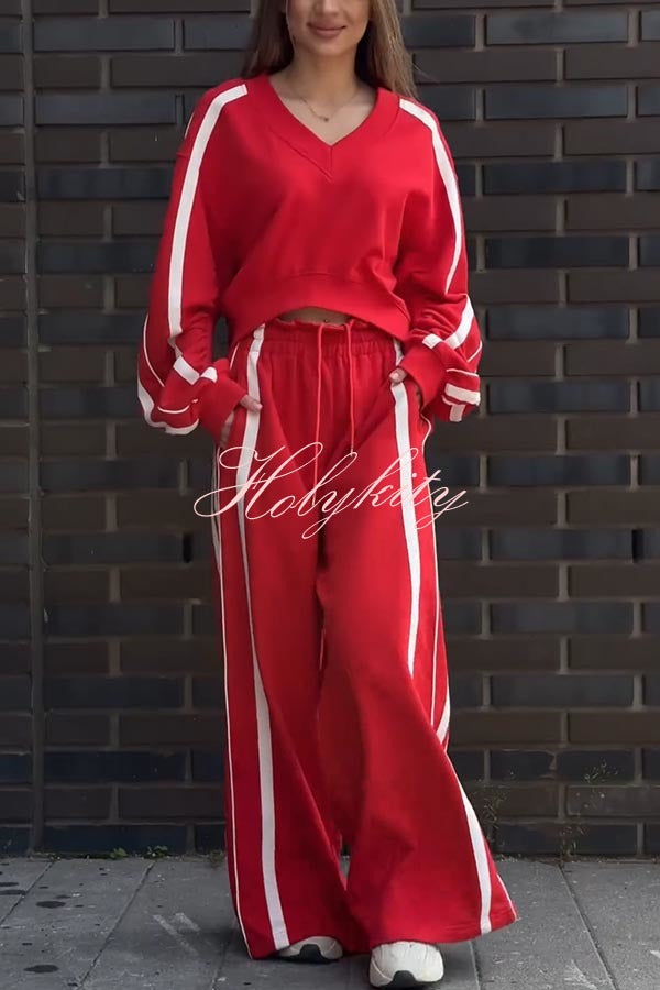 Sports Fashion Contrast Color V-neck Sweatshirt and Drawstring Waist Pocketed Loose Pants Set