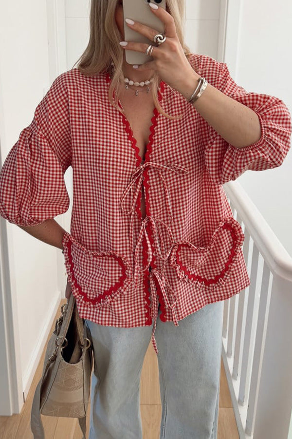 Lovely Plaid Heart Pattern Casual Lace-up Pocket Loose Shirt