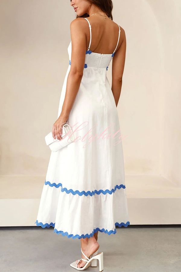 Bayside Beauty Wave Trim Patchwork Back Smocked Suspender Maxi Dress