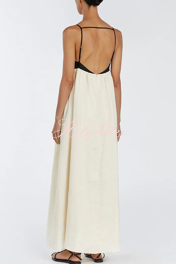 Linen Blend Sexy Sling Backless Contrast Maxi Dress