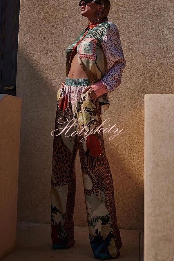 Tropical Jungle Tiger Unique Print Long Sleeve Loose Shirt and Elastic Waist Pants Set