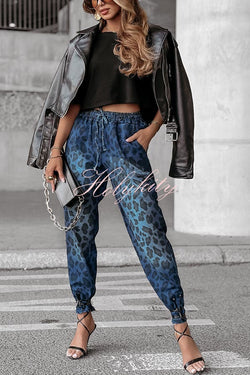 Hilarie Denim Leopard Print Drawstring Waist Pocket Tapered Jeans