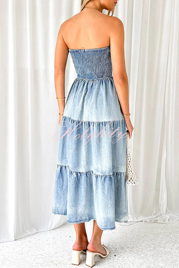 Asmn Off Shoulder Pleated Pocket Paneled Denim Maxi Dress